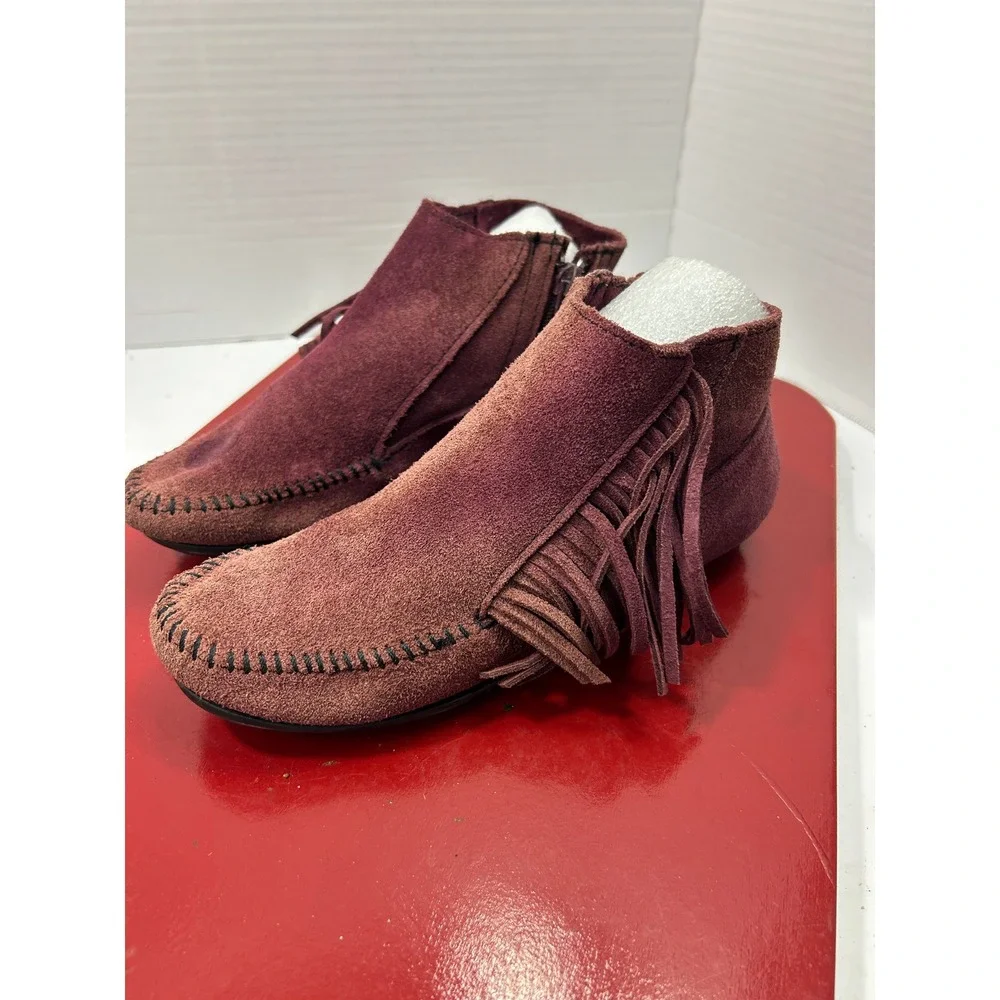 Minnetonka Fringe Suede Ankle Boots 5 Burgundy Moccasin Zip Boho Western Indie